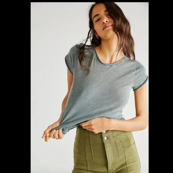 WE THE FREE PEOPLE BE MY BABY TEE TOP SHIRT SAGE GREEN SCALLOPED EDGE NEW L/XL - Picture 4 of 10